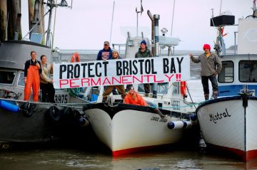 Boat with sign that says Protect Bristol Bay permanently