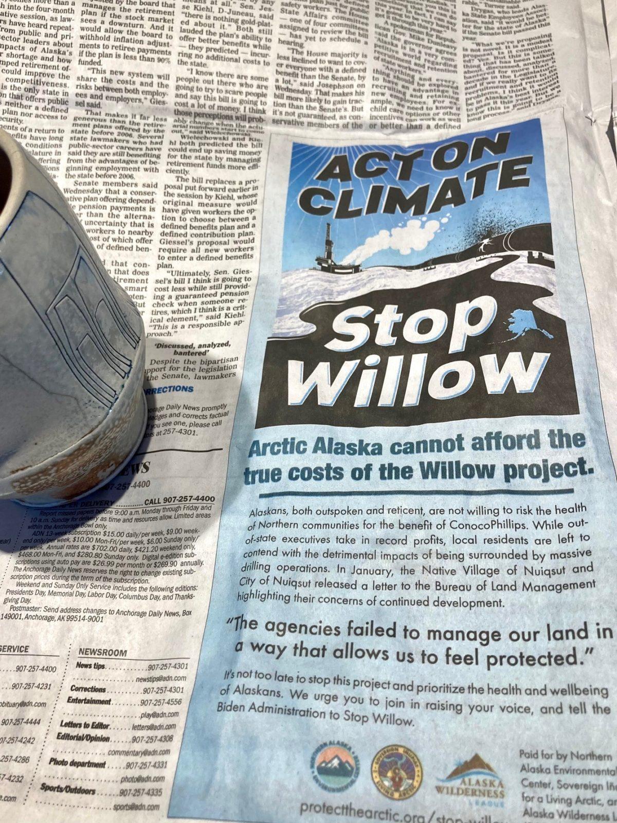 Alaska Stop Willow ad from March 2023. Photo by Dawnell Smith